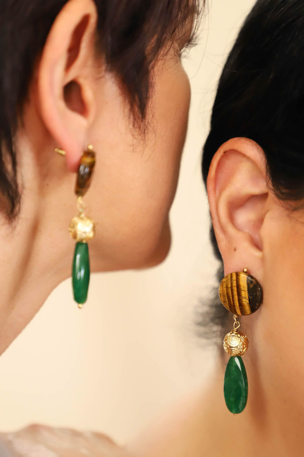 Meissa. Arete de Ojo de tigre y Ágata verde